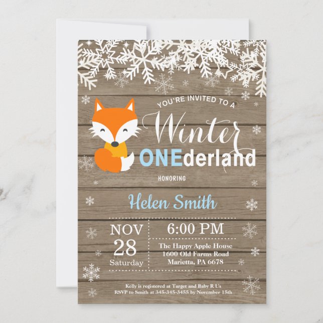 Winter Onederland Rustic Fox Boy 1st Birthday Invitation (Front)