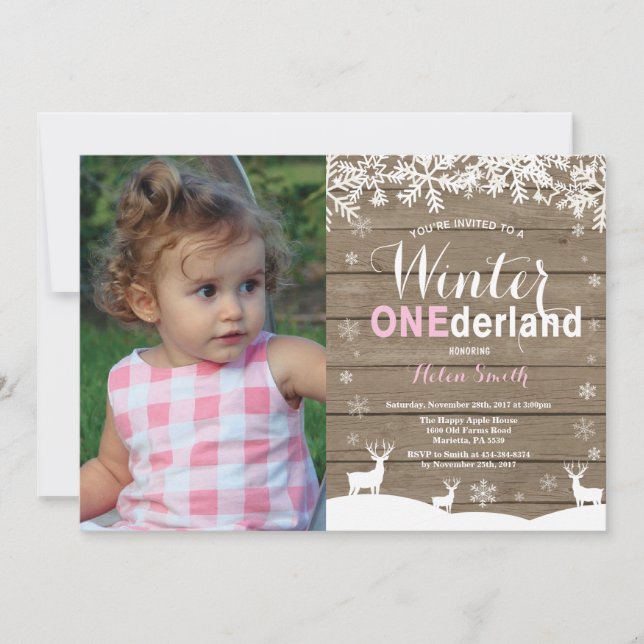 Winter Onederland Rustic Girl 1st Birthday Photo Invitation (Front)