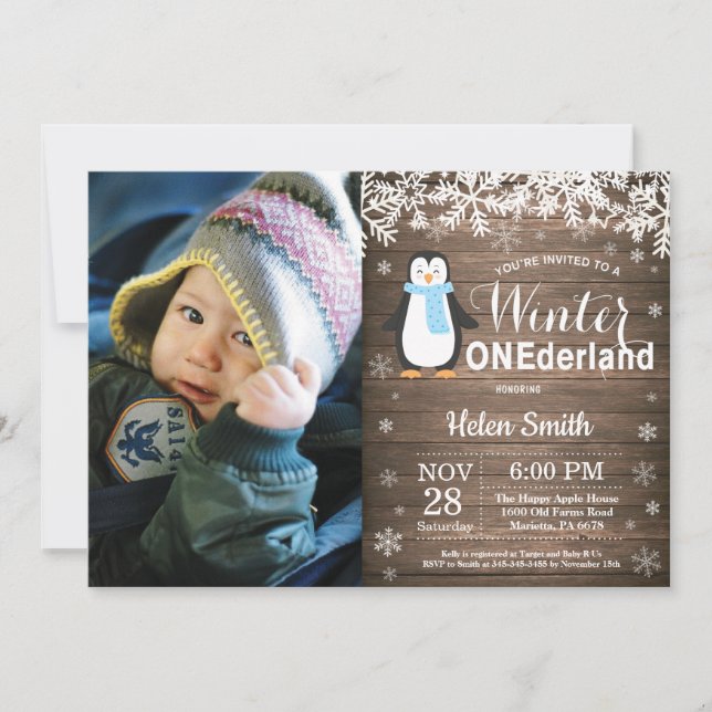 Winter Onederland Rustic Penguin Boy 1st Birthday Invitation (Front)