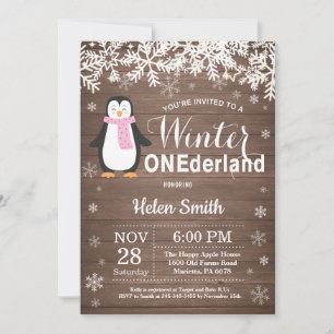 Winter Onederland Rustic Penguin Girl 1st Birthday Invitation
