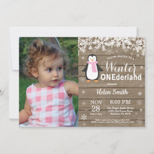 Winter Onederland Rustic Penguin Girl 1st Birthday Invitation