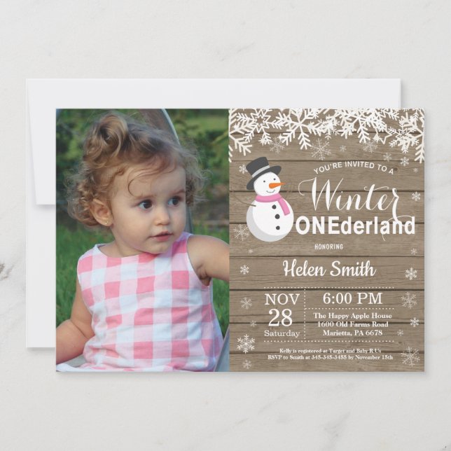 Winter Onederland Rustic Snowman Girl 1st Birthday Invitation (Front)