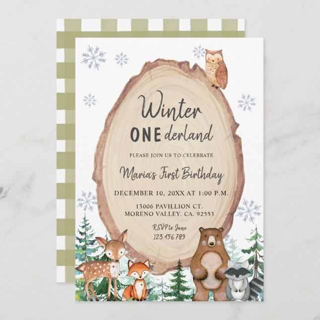 Winter Onederland Rustic Woodland Animal Birthday  Invitation (Front/Back)