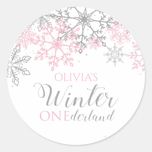 Winter Onederland Silver and Pink Snowflake Classic Round Sticker (Front)