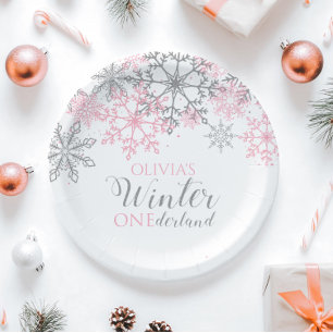 Winter Onederland Silver and Pink Snowflake Paper Plate