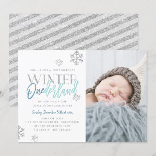 Winter ONEderland Silver Blue 1st Birthday Photo Invitation