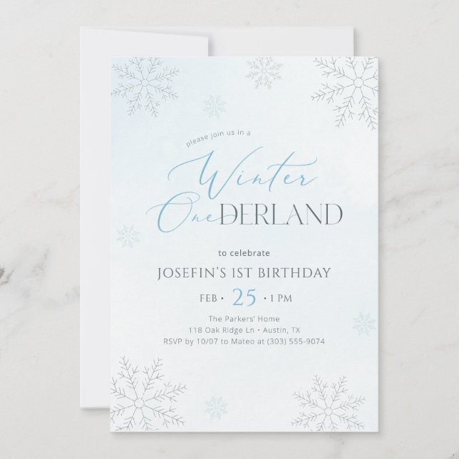 Winter Onederland Silver Blue Glitter 1st Birthday Invitation (Front)