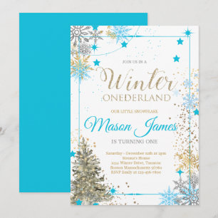WINTER ONEderland Silver Blue & Gold 1st Birthday  Invitation