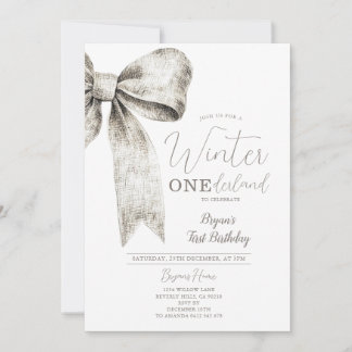 Winter Onederland Silver Bow tie 1st Birthday Invitation