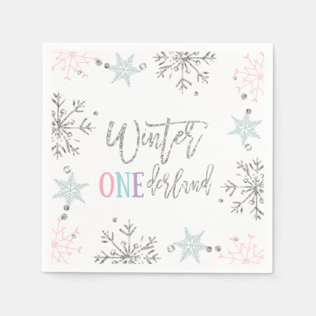 Winter ONEderland Silver Floral Pink Glitter Girl Napkin (Front)