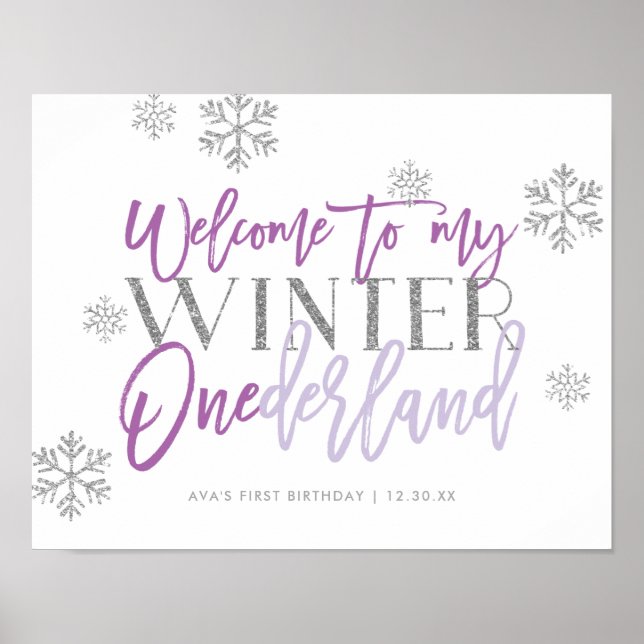 Winter ONEderland Silver Glitt Purple Welcome Sign (Front)
