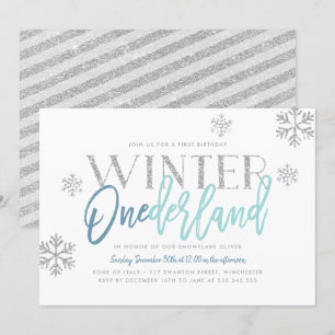 Winter ONEderland Silver Glitter Blue 1st Birthday Invitation