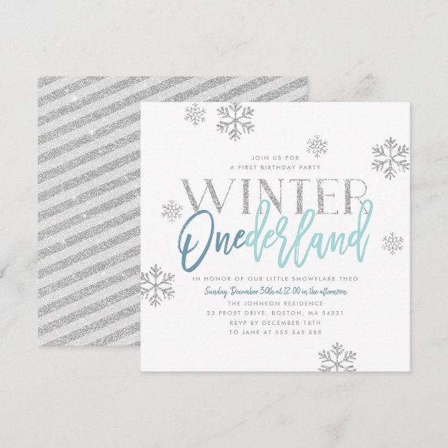 Winter ONEderland Silver Glitter Blue 1st Birthday Invitation (Front/Back)