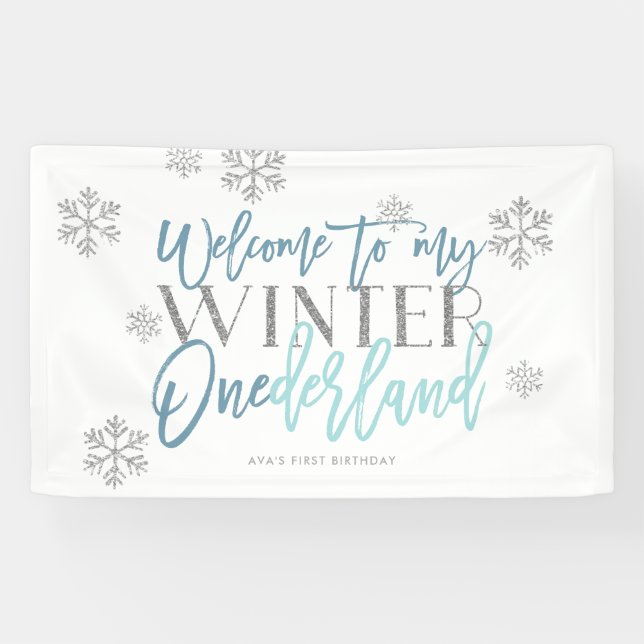 Winter ONEderland Silver Glitter Blue Welcome Sign (Horizontal)
