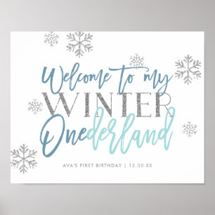 Winter ONEderland Silver Glitter Blue Welcome Sign