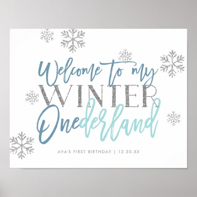 Winter ONEderland Silver Glitter Blue Welcome Sign (Front)
