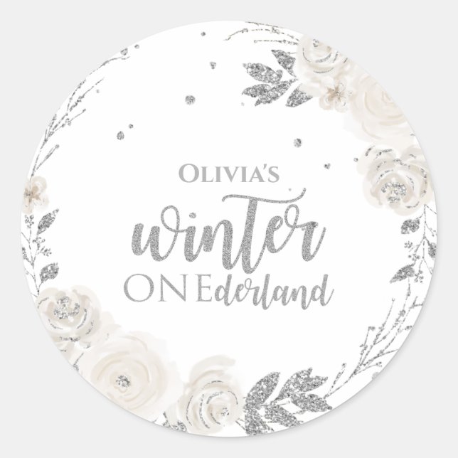 Winter Onederland Silver Glitter Floral Classic Round Sticker (Front)