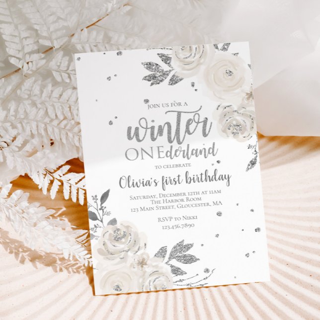 Winter Onederland Silver Glitter Floral Invitation (Creator Uploaded)