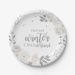 Winter Onederland Silver Glitter Floral Paper Plat Plate