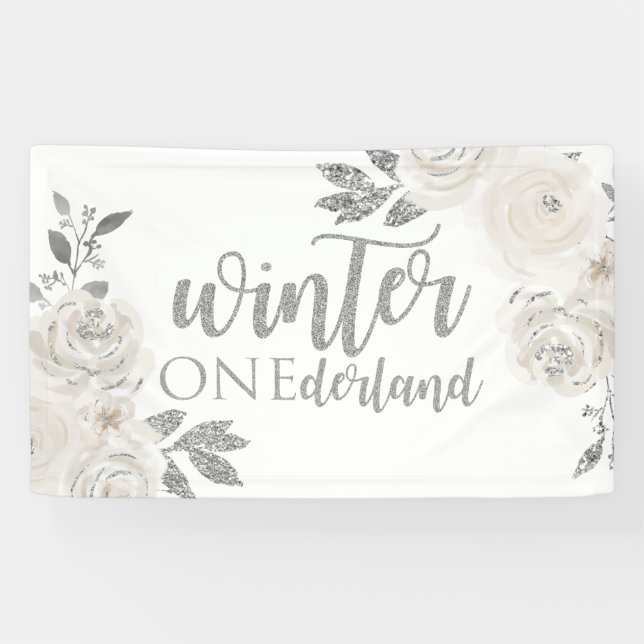 Winter Onederland Silver Glitter Flowers Banner (Horizontal)