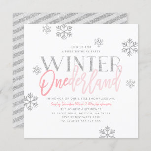 Winter ONEderland Silver Glitter Pink 1st Birthday Invitation