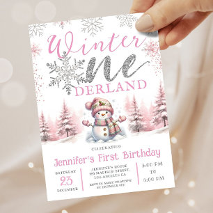 Winter Onederland Silver Glitter Pink 1st Birthday Invitation