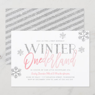 Winter ONEderland Silver Glitter Pink 1st Birthday Invitation