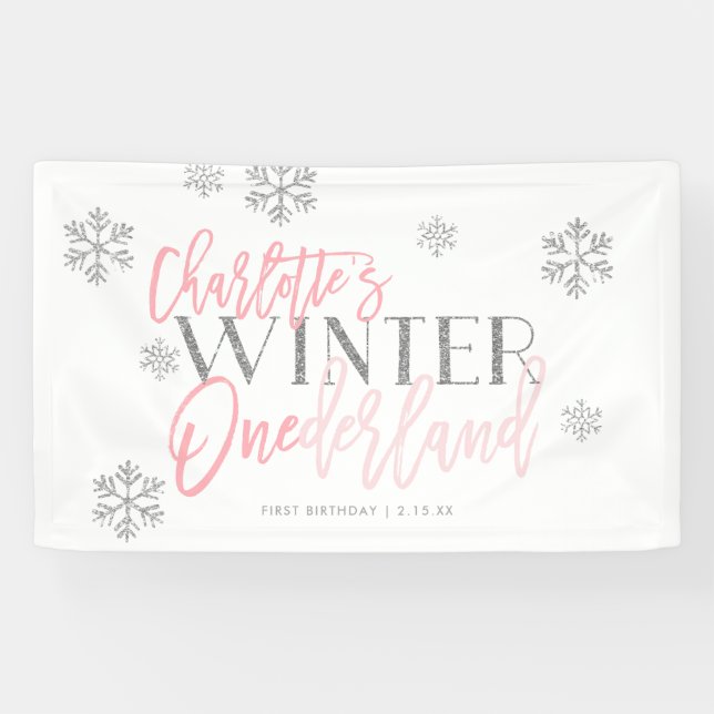 Winter ONEderland Silver Glitter Pink CUSTOM Banner (Horizontal)