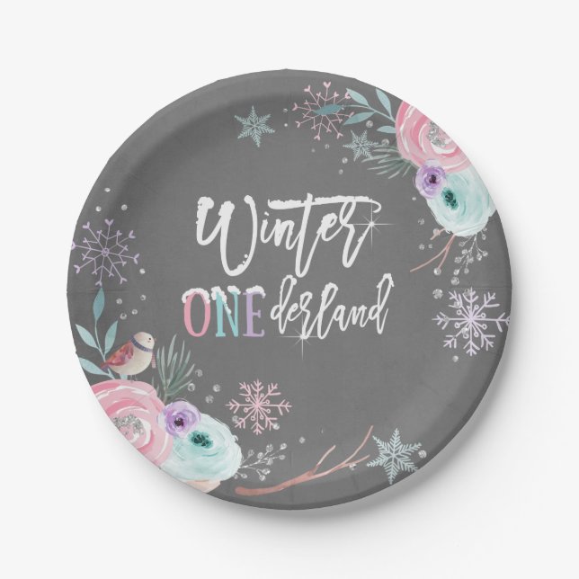 Winter ONEderland Silver Glitter Pink Floral Girl Paper Plate (Front)