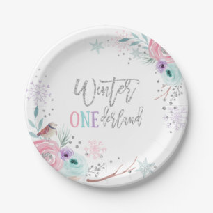 Winter ONEderland Silver Glitter Pink Floral Girl Paper Plate