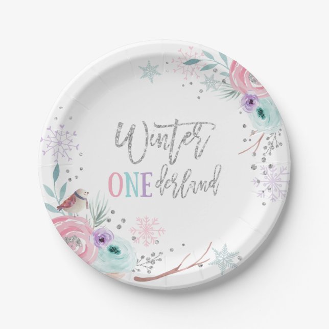 Winter ONEderland Silver Glitter Pink Floral Girl Paper Plate (Front)