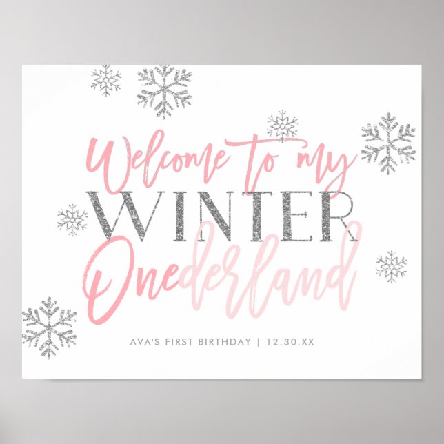 Winter ONEderland Silver Glitter Pink Welcome Sign (Front)