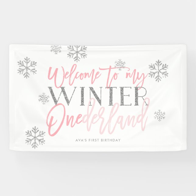 Winter ONEderland Silver Glitter Pink Welcome Sign (Horizontal)