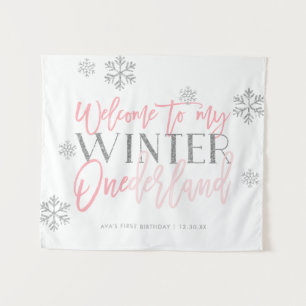 Winter ONEderland Silver Glitter Pink Welcome Sign Tapestry