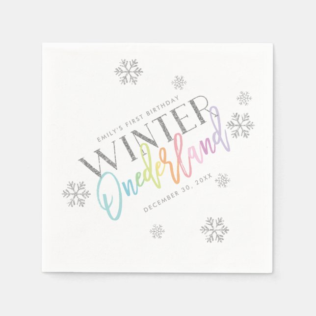 Winter ONEderland Silver Glitter Rainbow 1st Bday Napkin (Front)