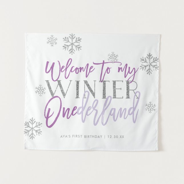 Winter ONEderland Silver Glitter Welcome Sign Tapestry (Front (Horizontal))