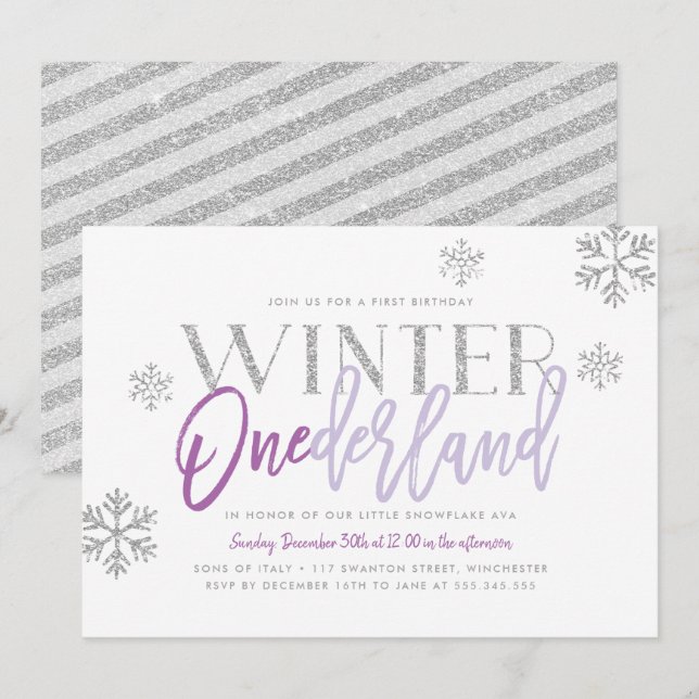 Winter ONEderland Silver Glitz Purple 1st Birthday Invitation (Front/Back)