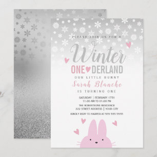 Winter Onederland Silver Pink 1st Birthday Invitation