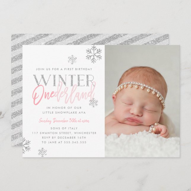 Winter ONEderland Silver Pink 1st Birthday Photo Invitation (Front/Back)