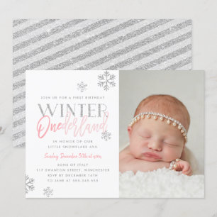 Winter ONEderland Silver Pink 1st Birthday Photo Invitation