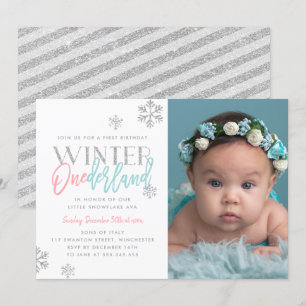 Winter ONEderland Silver Pink Blue 1st Bday Photo Invitation