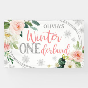 Winter ONEderland Silver Pink Floral Birthday Banner