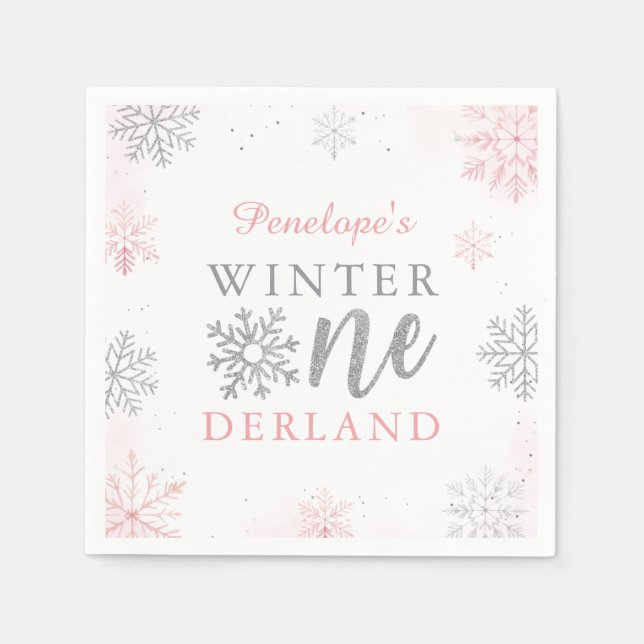 Winter Onederland Silver Pink Girl 1st Birthday Napkin (Front)