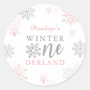 Winter Onederland Silver Pink Glitter 1st Birthday Classic Round Sticker