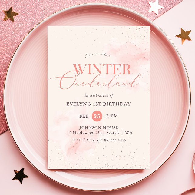 Winter ONEderland Silver Pink Glitter 1st Birthday Invitation (Creator Uploaded)