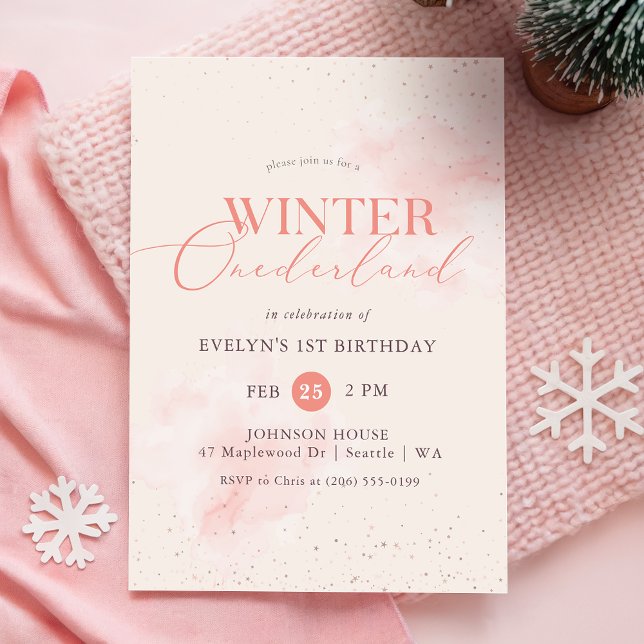 Winter ONEderland Silver Pink Glitter 1st Birthday Invitation (Creator Uploaded)