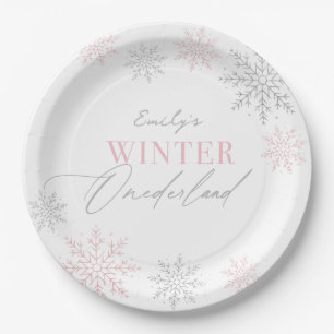 Winter Onederland Silver Pink Glitter 1st Birthday Paper Plate