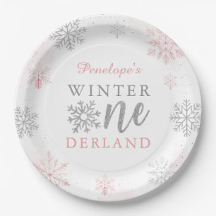Winter Onederland Silver Pink Glitter 1st Birthday Paper Plate