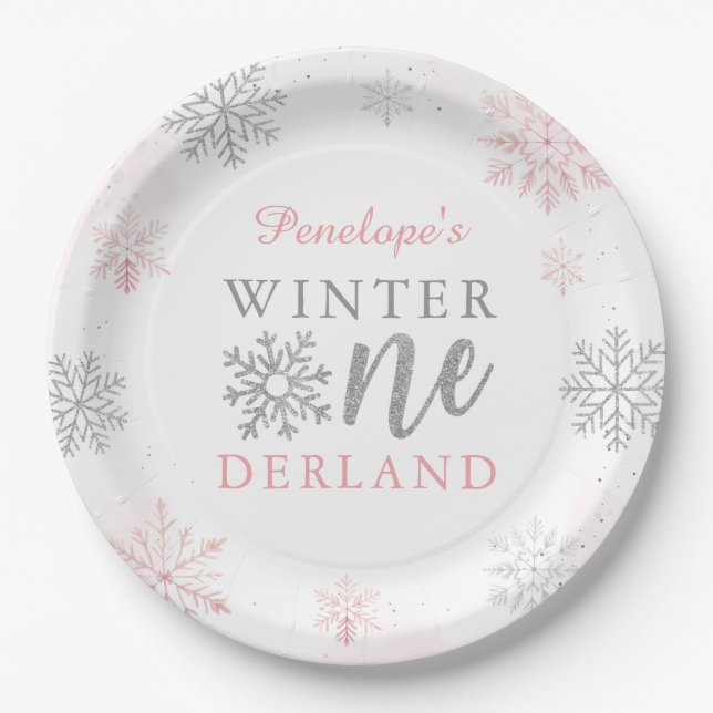 Winter Onederland Silver Pink Glitter 1st Birthday Paper Plate (Front)