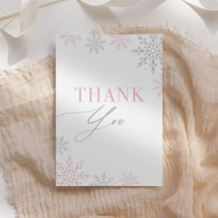 Winter Onederland Silver Pink Glitter 1st Birthday Thank You Card